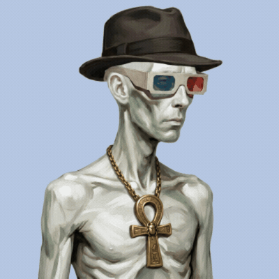 Order member with green mutation skin, bare-headed with long dark hair, grey background
